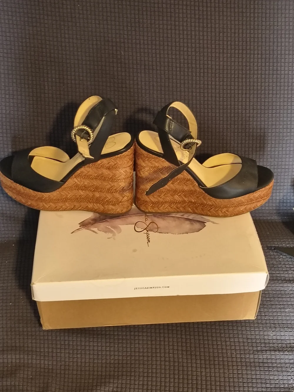 Jessica Simpson Black Leather Wedge Sandals with Braided Brown Platform